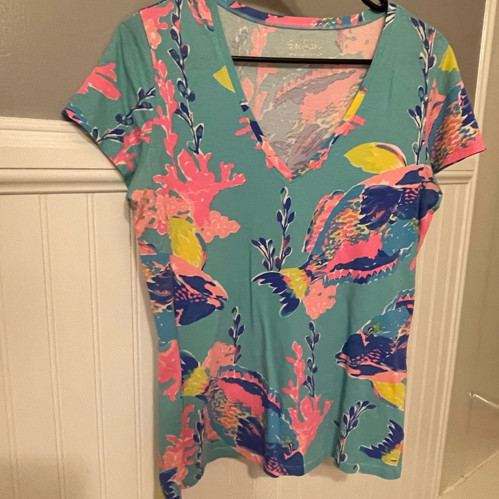 Lilly Pulitzer Teal and Pink V-Neck Tee